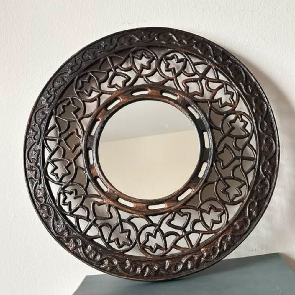 Vintage Metal Urges Round Wall Mirror 15" Cast Metal Bronze Patina Accent Mirro